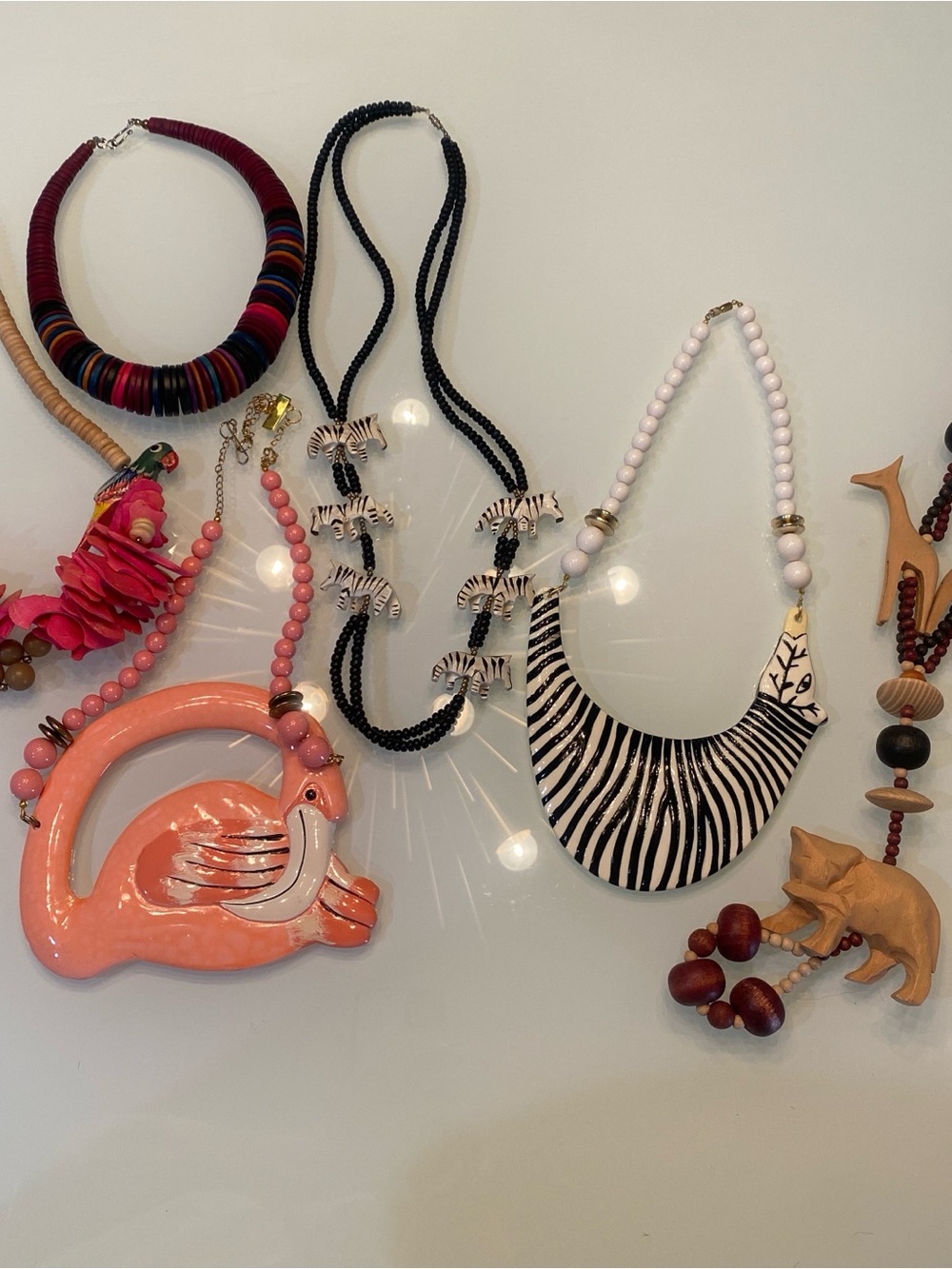 Vintage Novelty Animal & Wooden Statement Necklace Bundle - Flamingo Zebra Bear